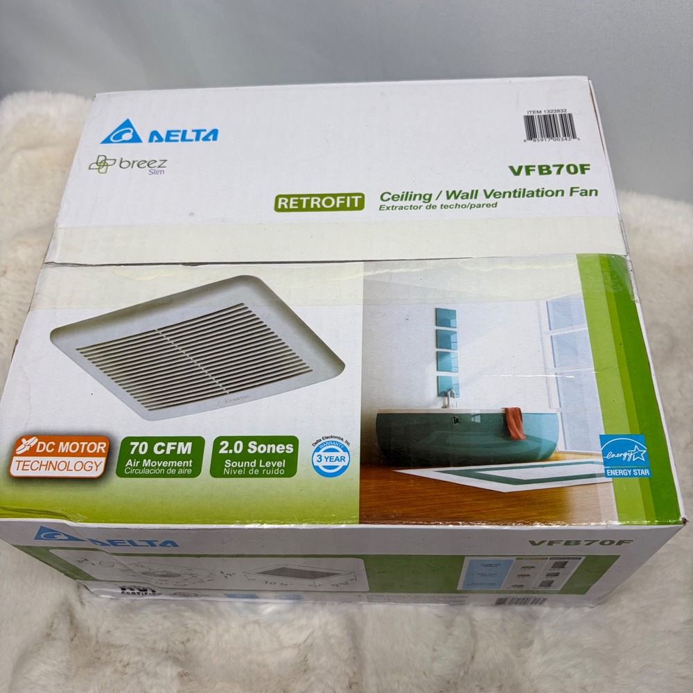 Delta Breez Slim VFB70F 70 CFM 2.0 Sones Ceiling Wall Ventilation Fan NEW
